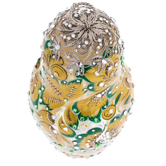 Matryoshka honey dish made of glass "Golden Emerald" with Swarovski crystals, Khokhloma