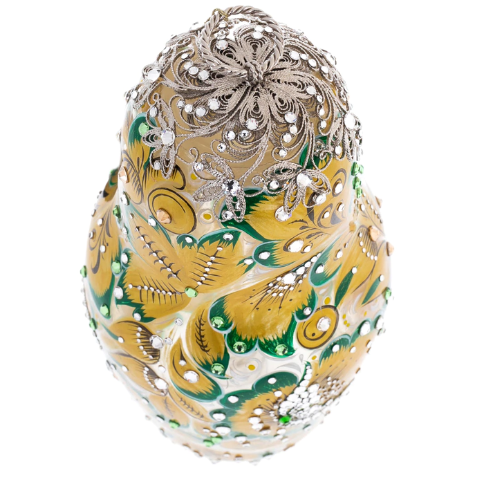 Matryoshka honey dish made of glass "Golden Emerald" with Swarovski crystals, Khokhloma