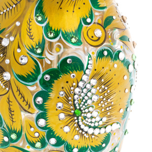 Matryoshka honey dish made of glass "Golden Emerald" with Swarovski crystals, Khokhloma