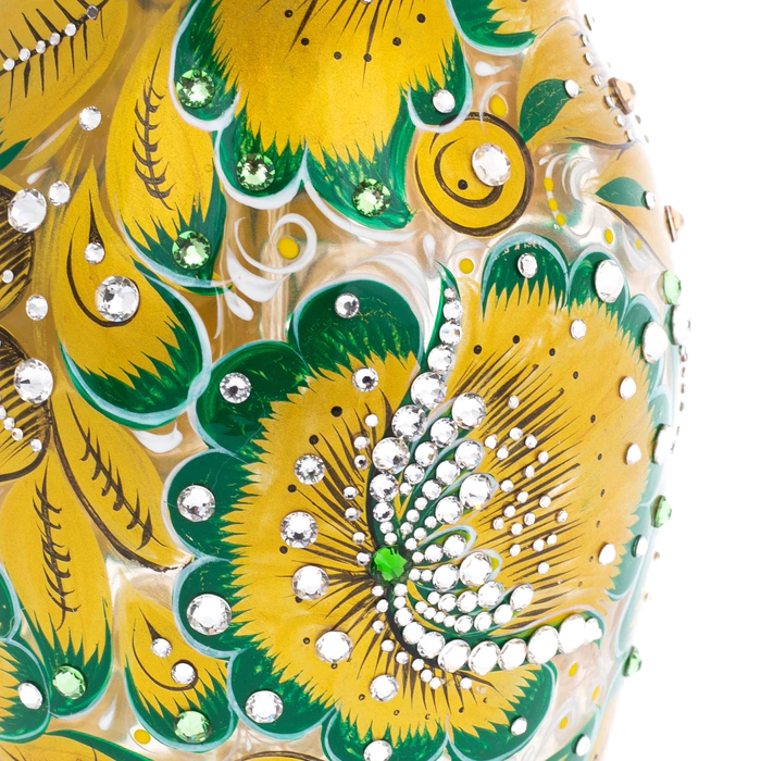 Matryoshka honey dish made of glass "Golden Emerald" with Swarovski crystals, Khokhloma