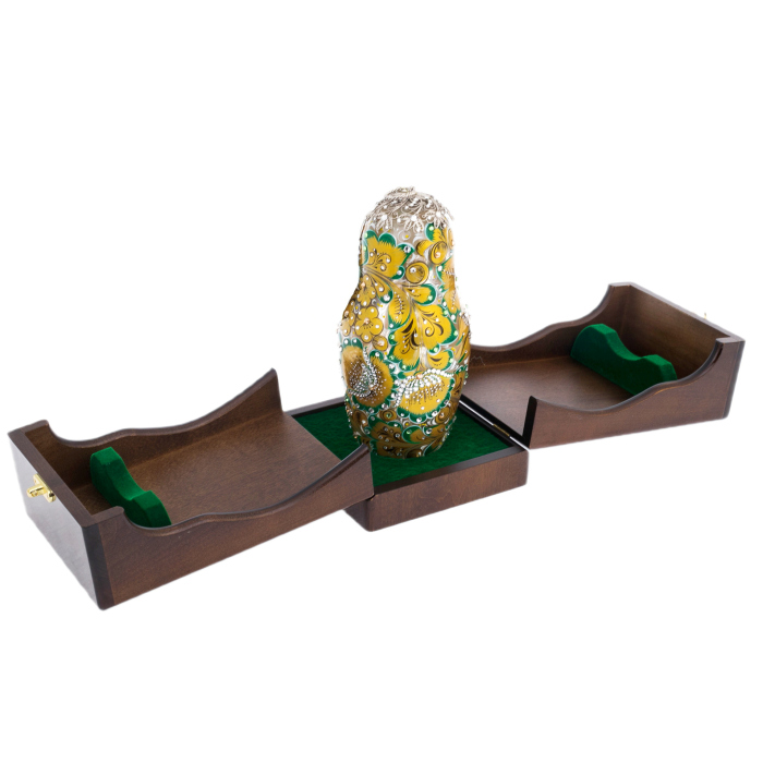 Matryoshka honey dish made of glass "Golden Emerald" with Swarovski crystals, Khokhloma