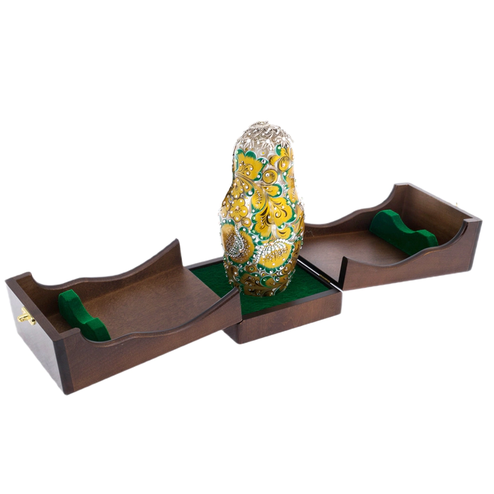 Matryoshka honey dish made of glass "Golden Emerald" with Swarovski crystals, Khokhloma