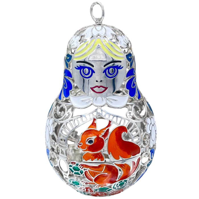 Christmas tree toy collapsible matryoshka doll "Squirrel" made of silver