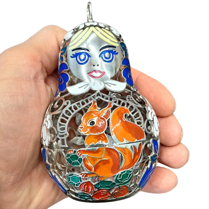 Christmas tree toy collapsible matryoshka doll "Squirrel" made of silver
