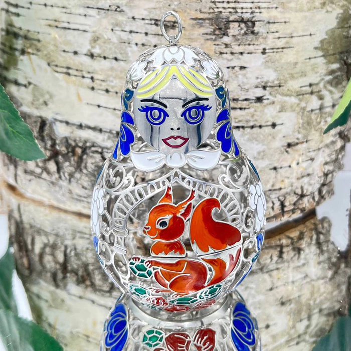 Christmas tree toy collapsible matryoshka doll "Squirrel" made of silver