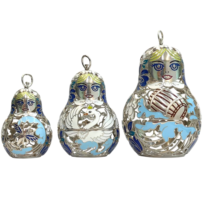 A set of Christmas tree toys-matryoshka dolls "Russian pattern" made of silver, 3 pcs.