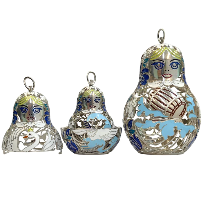 A set of Christmas tree toys-matryoshka dolls "Russian pattern" made of silver, 3 pcs.