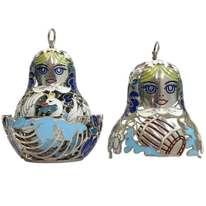 A set of Christmas tree toys-matryoshka dolls "Russian pattern" made of silver, 3 pcs.