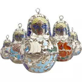 Набор елочных игрушек-матрешек "Русский узор" из серебра, 5шт