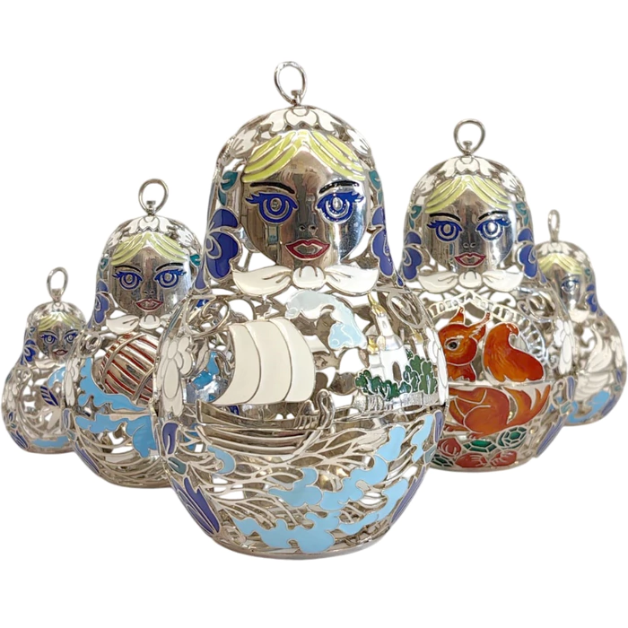 Set of Christmas tree toys-matryoshka dolls "Russian pattern" made of silver, 5 pcs