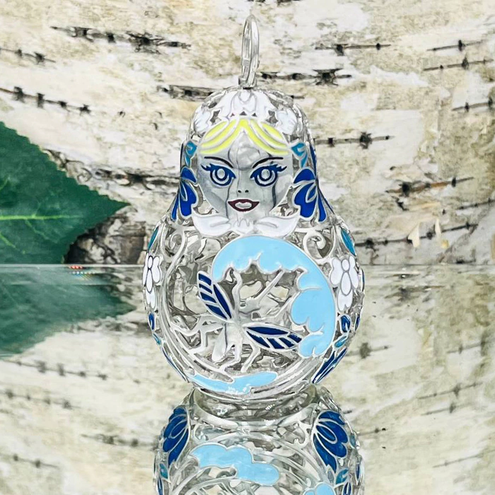 Set of Christmas tree toys-matryoshka dolls "Russian pattern" made of silver, 5 pcs