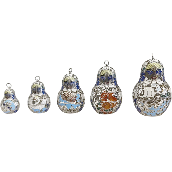 Set of Christmas tree toys-matryoshka dolls "Russian pattern" made of silver, 5 pcs