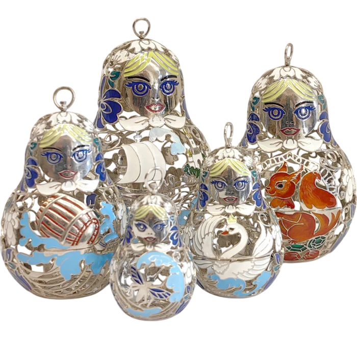 Set of Christmas tree toys-matryoshka dolls "Russian pattern" made of silver, 5 pcs