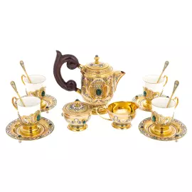 Кофейный сервиз "Ренессанс" с малахитом и эмалями, на 4 персоны, 15 предметов, Златоуст