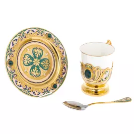 Кофейный сервиз "Ренессанс" с малахитом и эмалями, на 4 персоны, 15 предметов, Златоуст