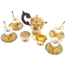 Кофейный сервиз "Ренессанс" с малахитом и эмалями, на 4 персоны, 15 предметов, Златоуст