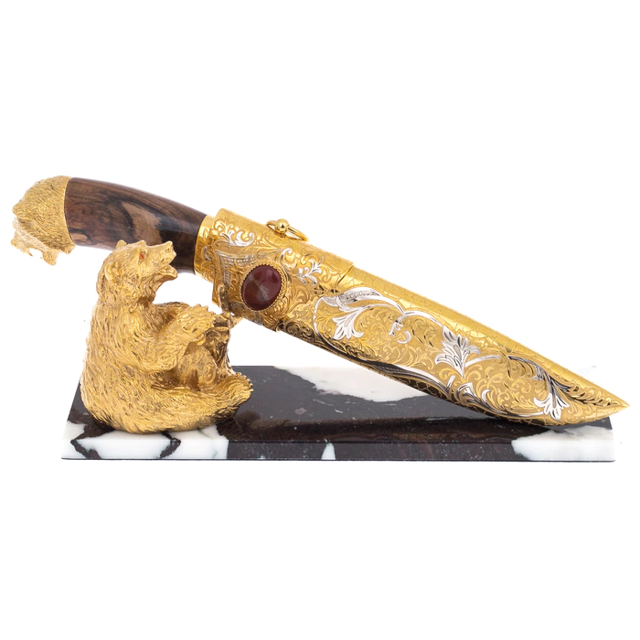 Souvenir knife "Bear" on a marble stand, Zlatoust