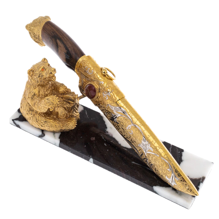 Souvenir knife "Bear" on a marble stand, Zlatoust