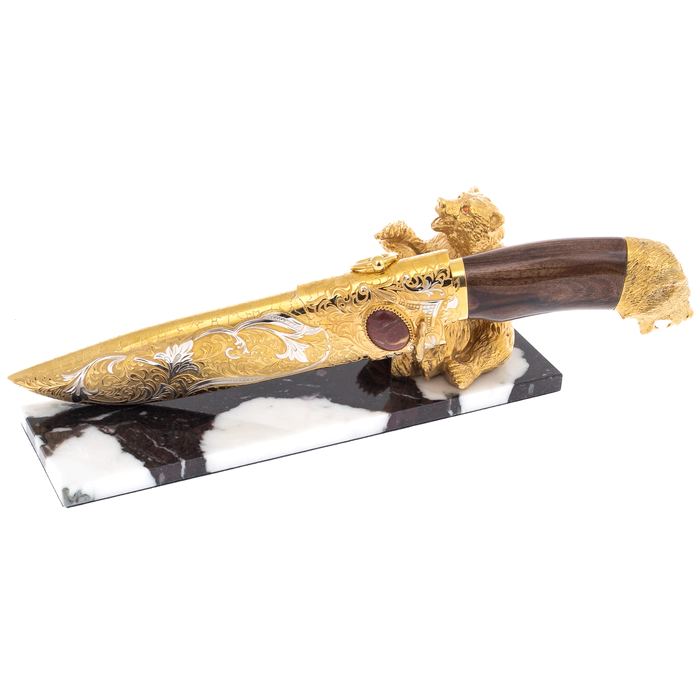 Souvenir knife "Bear" on a marble stand, Zlatoust