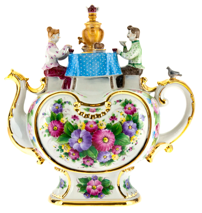 Teapot topping up "Evening tea" overglaze painting with gold