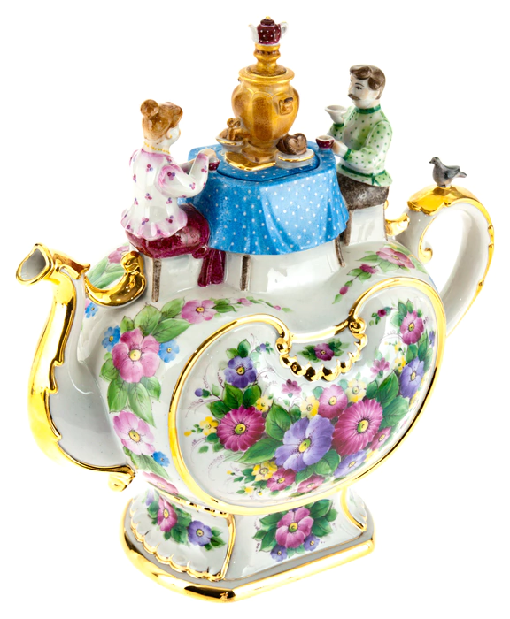 Teapot topping up "Evening tea" overglaze painting with gold