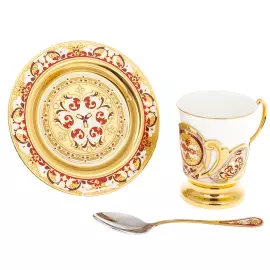 Кофейный набор "Букет" с красно-белой эмалью, Златоуст