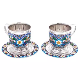 Чайный набор из серебра "Дружба" на 2 персоны, финифть