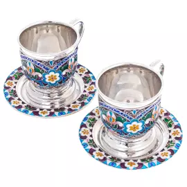 Чайный набор из серебра "Дружба" на 2 персоны, финифть