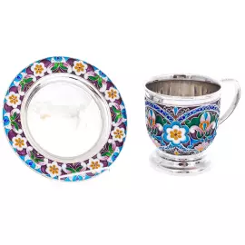 Чайный набор из серебра "Дружба" на 2 персоны, финифть