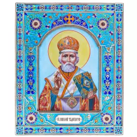 Икона из серебра "Николай Чудотворец" финифть