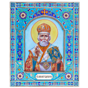 Икона из серебра "Николай Чудотворец" финифть