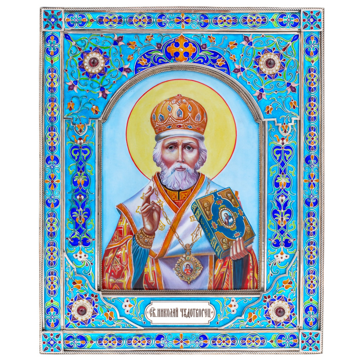 Икона из серебра "Николай Чудотворец" финифть