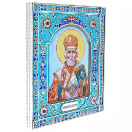 Икона из серебра "Николай Чудотворец" финифть