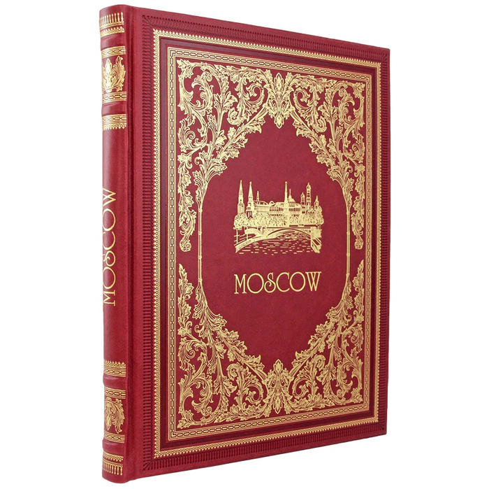 The book is a leather-bound photo album "Moscow" in English