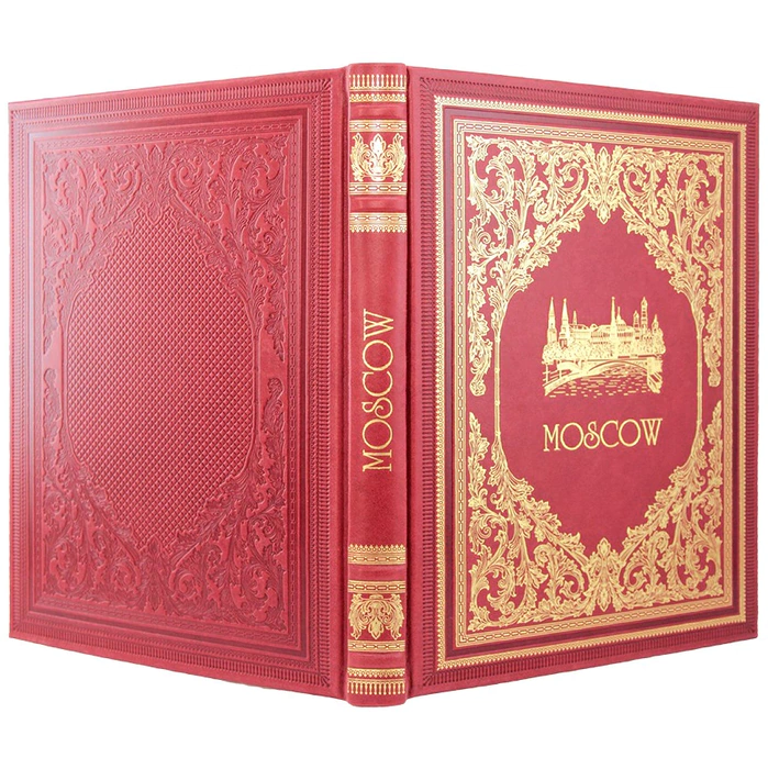 The book is a leather-bound photo album "Moscow" in English