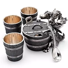 Silver caviar bowl "Snake Gorynych" with a spoon and glasses, for 3 persons