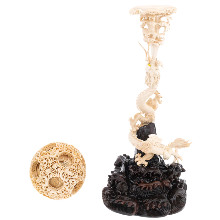 Mammoth tusk sculpture "Canton ball. The Dragon and the Phoenix"