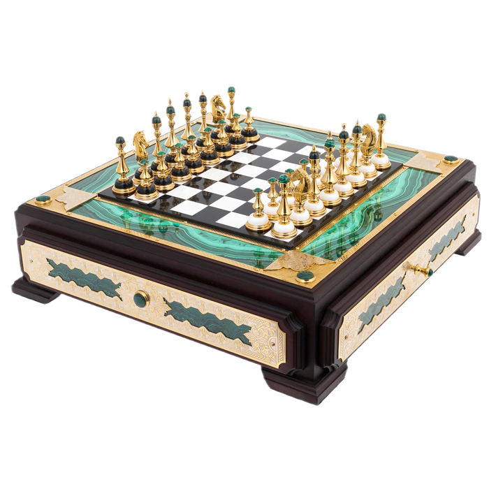 Chess made of malachite "Lux" in a box, Zlatoust