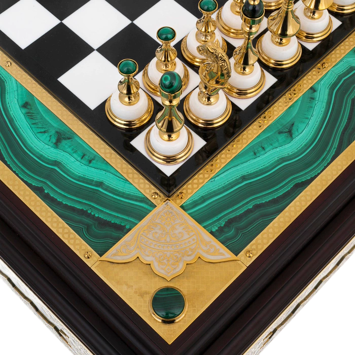 Chess made of malachite "Lux" in a box, Zlatoust