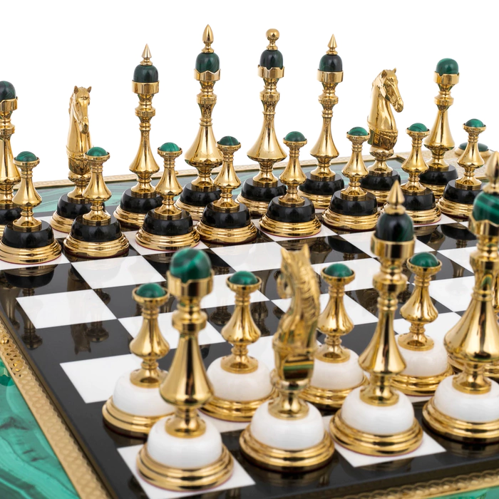 Chess made of malachite "Lux" in a box, Zlatoust