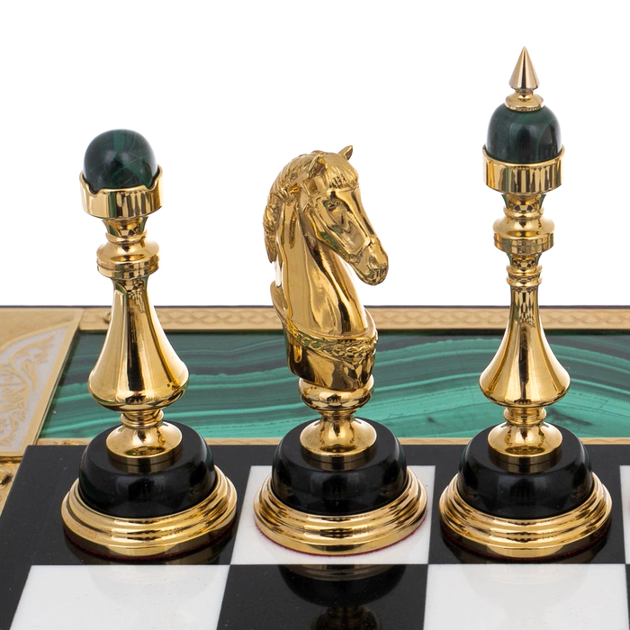 Chess made of malachite "Lux" in a box, Zlatoust