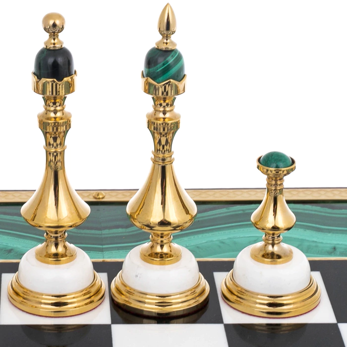 Chess made of malachite "Lux" in a box, Zlatoust