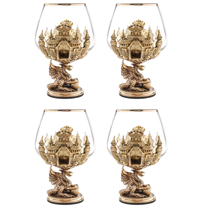 A set of 4 glasses for cognac "Dragon on a ball" in a wooden box