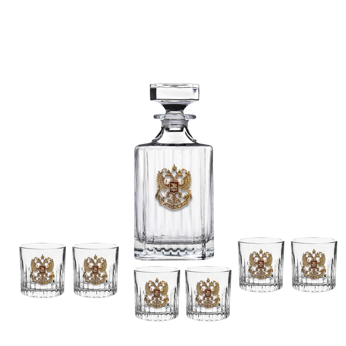 Whiskey set "TImeless.Coat of arms" with enamel, for 6 people, in a wooden box