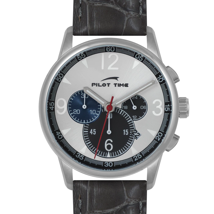 Pilot Time Quartz Wristwatch, Silver with Black Strap