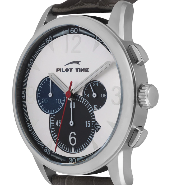 Pilot Time Quartz Wristwatch, Silver with Black Strap