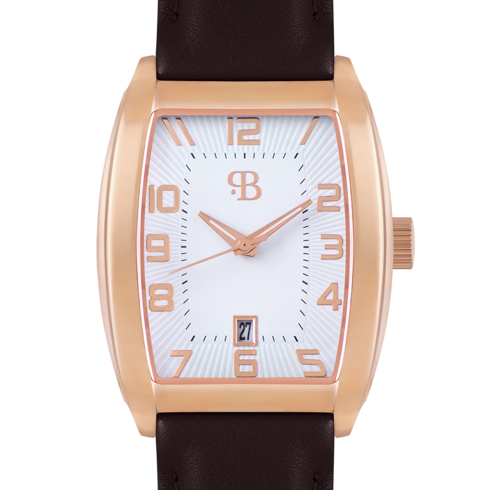 Russian Time Quartz Wristwatch in white and gold with brown strap