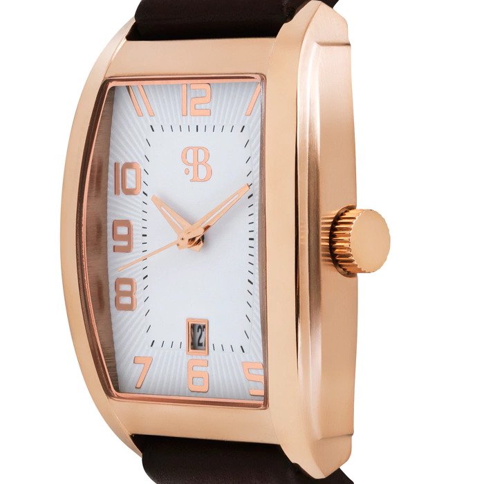Russian Time Quartz Wristwatch in white and gold with brown strap