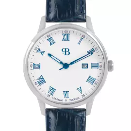 Наручные кварцевые часы Русское время бело-серебристые с темно-голубым ремешком