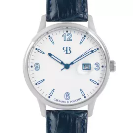 Наручные кварцевые часы Русское время бело-серебристые с темно-голубым ремешком